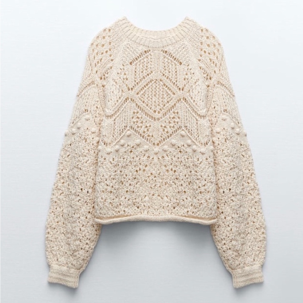 COPY -ZARA Pointelle Sweater Boho Knitted Size Large Beige